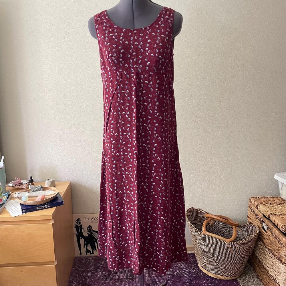 90s vintage burgundy floral midi dress whimsigoth academia size s small